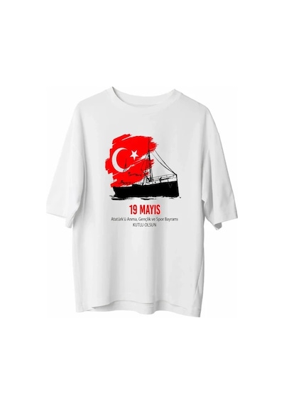 Defymoda 19 Mayıs Atatürkü Anma Gençlik Ve Spor Bayramı Baskılı Oversize T-shirt - Beyaz