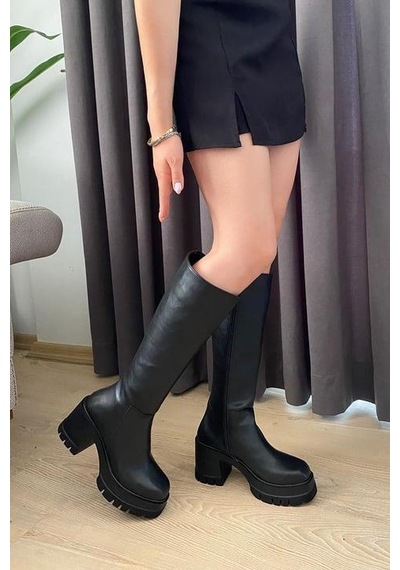 Asmi Shoes Kadın Fenni Siyah Deri 8 Cm Topuklu Yandan Fermuarlı Çizme Siyah Siyah