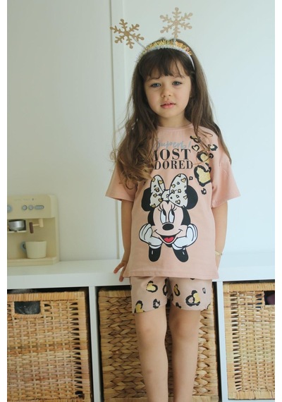 Miniko Kids Kız Çocuk Mickey Leopar Modelli Pamuk Şortlu Takım Kahverengi
