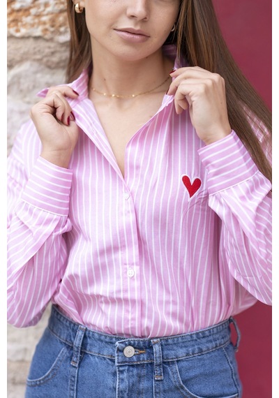 Çizgili Cep Detaylı Oversize Gömlek Pembe