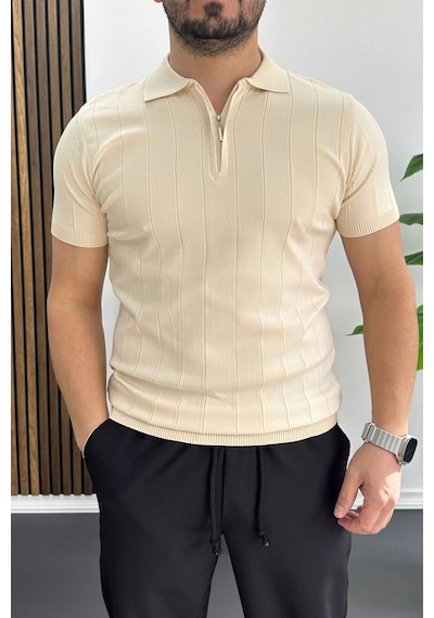 Erkek Slim Fit Fermuarlı Polo Yaka Tişört Krem Edw452 Krem