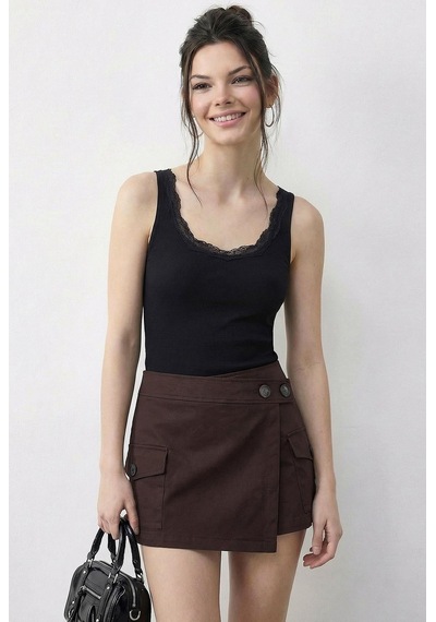 Shade Kadın Pamuklu Slim Fit U Yaka Dantelli Atlet 1053 60286022 - Siyah