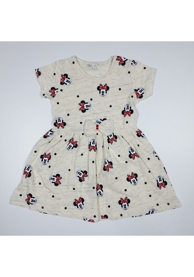 Momikon Minnie Mouse Desenli Fiyonk Detaylı Pamuklu Kız Çocuk Elbise Krem