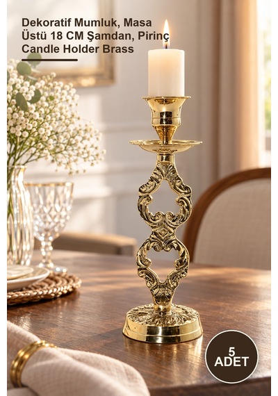 5 Adet Tekli Pirinç Şamdan Dekoratif Mumluk, Masa Üstü 18 Cm Şamdan, Pirinç Candle Holder Brass