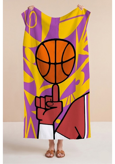 Basketbol Temalı Modern Plaj Havlusu - Geometrik Pop Art Mor Sarı Hızlı Kuruyan Mikrofiber Havlu Dalgın Defne