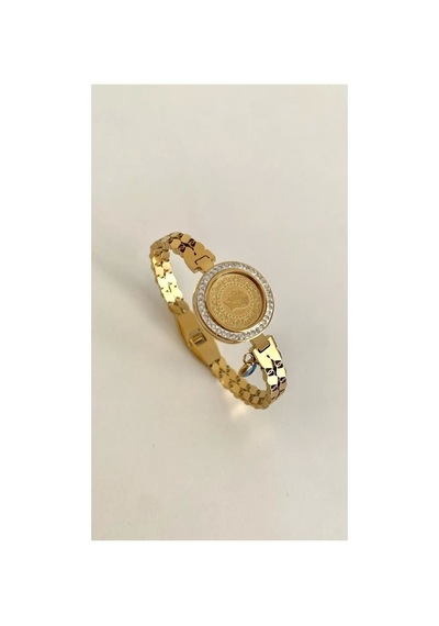 - Nazar Boncuğu Sallantılı Arpa Zinciri Detay Gold Renk Çelik Kelepçe Bileklik Opj1010 Altın