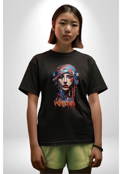 Khansa Eşarp Kadın Tasarımı Pamuklu Bisiklet Yaka Unisex Oversize Boyfriend Dijital Baskılı Siyah T-shirt Siyah