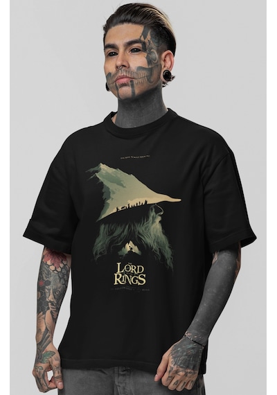 Yüzüklerin Efendisi Gandalf Film Baskılı Unisex Oversize Tişört Siyah