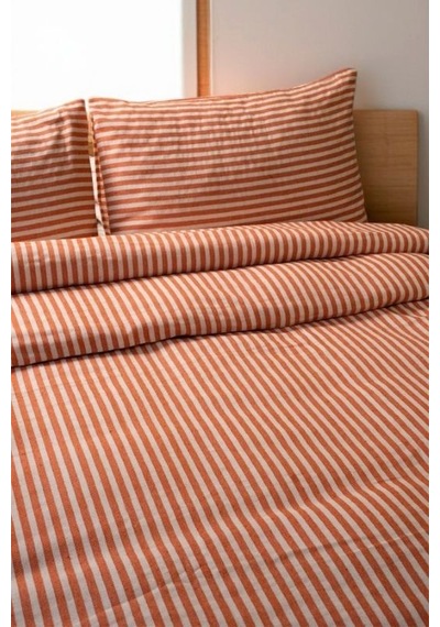 Turuncu Çizgili Keten Nevresim Yastık Seti Tek Kişilik 160x220 Cm Renkli