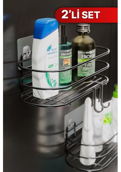 Bino 4 Askılı Şampuanlık Sabunluk Banyo Düzenleyici Duş Rafı Paslanmaz Organizer 2'li Set Siyah