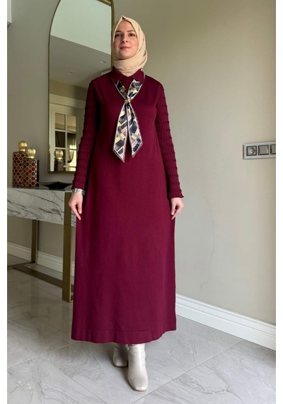 Rabia Şamlı Şölen Fularlı Triko Elbise Bordo Normal