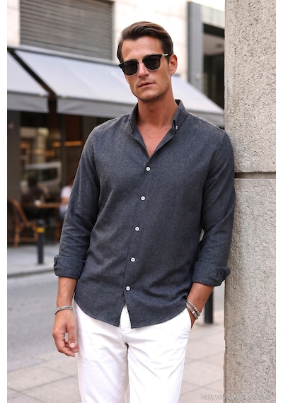 Buratti Pamuklu Regular Fit Düğmeli Yaka Kışlık Erkek Gömlek Cf24W127079 Antrasit