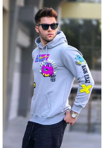 Madmext Boyalı Gri Baskılı Kapüşonlu Sweatshirt 5896 Boyalı Gri