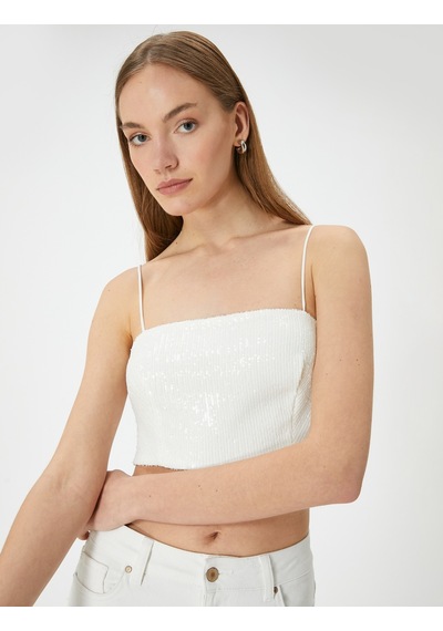 Koton Pullu Payetli Askılı Abiye Üst Crop Slim Fit Kırık Beyaz 4sak30010fk Ekru