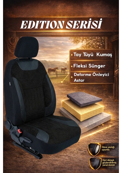 Edition Serisi Tay Tüyü Kumaş Universal Oto Koltuk Kılıfı Tam Set Siyah