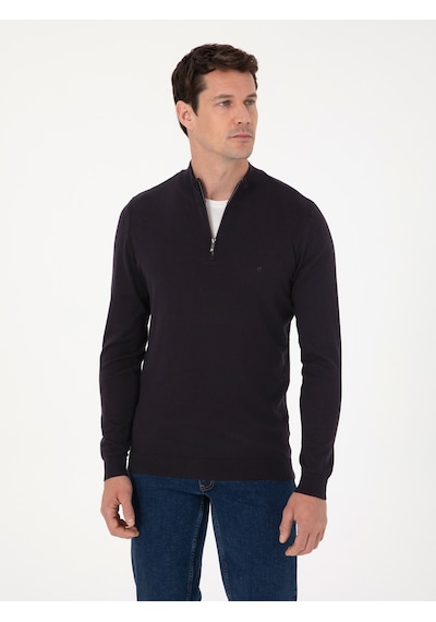 Cacharel Lacivert Slim Fit Pamuk Karışımlı Yarım Fermuarlı Dik Yaka Triko Kazak