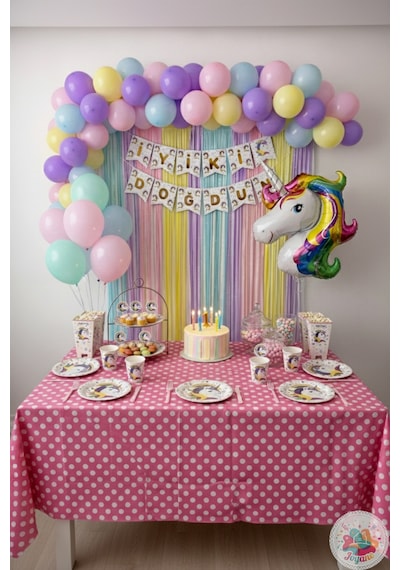 Unicorn Doğum Günü Elite Set Makaron Balon Seti 130 Parça + Unicorn Banner + Unicorn Balon Çok Renkli
