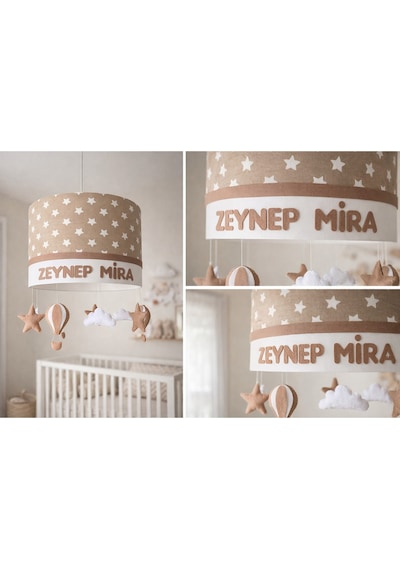 Kahverengi Yıldızlı Bebek Odası Avizesi El Yapımı Kişiye Özel Aydınlatma 30x20 Cm Bej Kahve