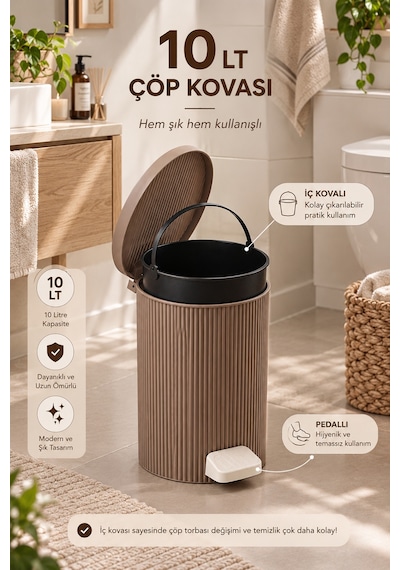 Porsima 0706-2 Still Mokka 10 Litre Pedallı İç Kovalı Yuvarlak Banyo & Mutfak Çöp Kovası Yok