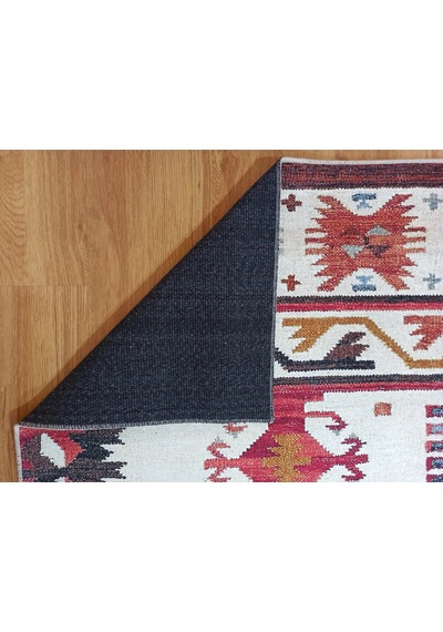 Krem Ve Çok Renkli Geometrik Desenli Halı - 12479ou Krem - Bordo