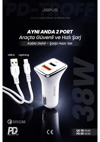 Jopus İphone Araç Şarj Aleti Çakmaklık Seti - Lightning + USB Girişli 38W JO-A7