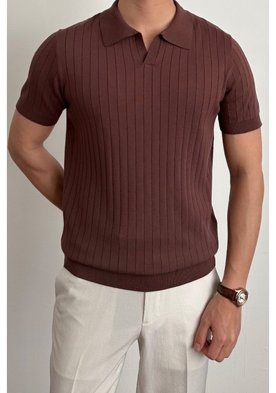 Tarz Cool Erkek Mat Kahverengi Slim Fit Fitilli Polo Yaka Triko T-shirt Mat Kahverengi