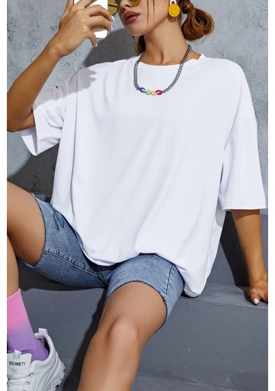 Oversize Unisex Baskısız T-shirt Beyaz