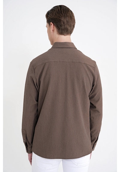 Comfort Fit Yan Cepli Esnek İnce Çizgili Camel Gömlek Ceket G 1608