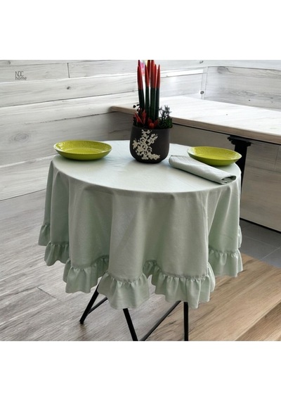 Dnc Home Tekstil  Premium Keten Adaçayı Yeşil Fırfırlı Yuvarlak Masa Örtüsü 001