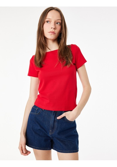 Koton Pamuklu Kısa Kollu Kayık Yaka Slim Fit Tişört Kırmızı 6sal10650ık