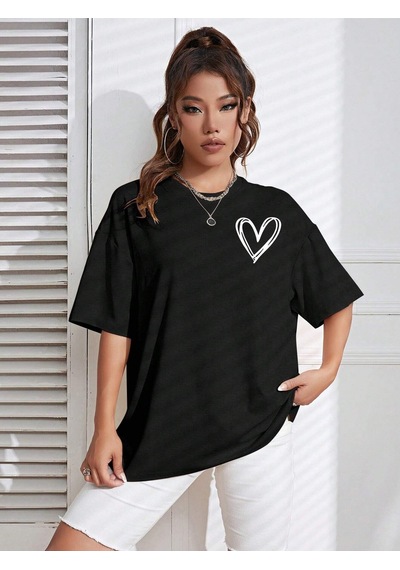 Kalp Logo T-shirt - Siyah Baskılı Oversize Bisiklet Yaka Kısa Kol Tişört Siyah