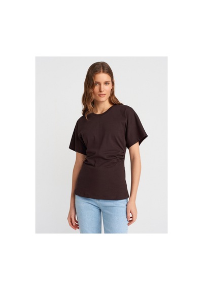 Dilvin 31585 Drape Detaylı T-shirt-koyu Kahve Ekru