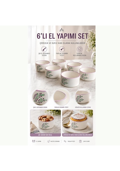 6'li El Yapımı Seramik Sufle Kabı Seti, Fırına Dayanıklı Ramekin Krem Brüle Ve Mağma Kek Kalıbı, Çerezlik Me Diğer