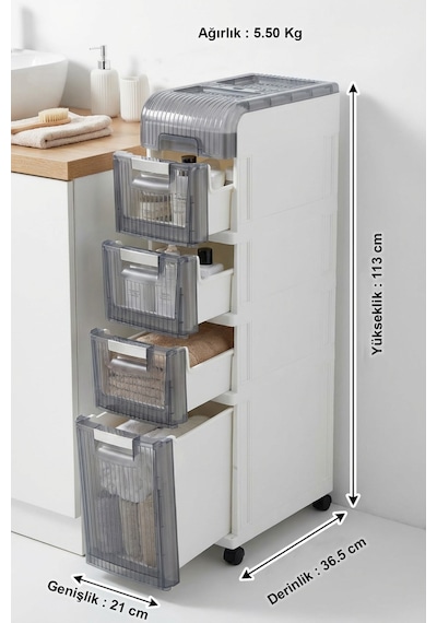 Makri Home Tekerlekli 4 Çekmeceli Dekoratif Dolap Beyaz, 21 Cm 36.5 Cm 113 Cm Beyaz