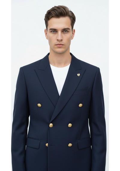 Plus Scorpion Gold Düğmeli Kruvaze Erkek Blazer Ceket Premium Kumaş, Slim Fit Şıklık Koyu Lacivert