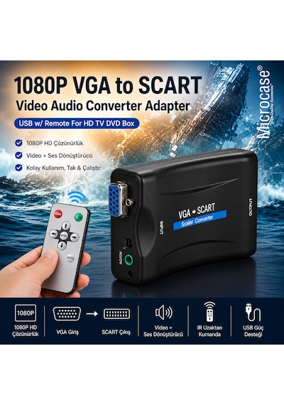 Microcase Vga To Scart Görüntü Dönüştürücü 3.5mm Ses Girişli Kumandalı Al5749 Siyah