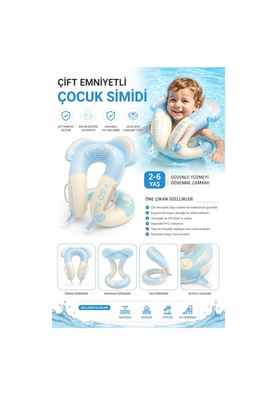 Toyflyer Boyun Destekli Çocuk Yüzme Simidi Kendinden Pompalı Mavi 2-6 Yaş Ar016