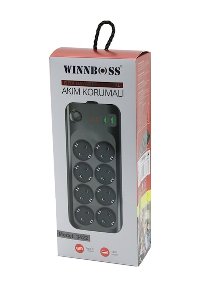 Termal Akım - Kısa Devre Korumalı 8li Priz 2+2 Usb-type-c - 2 Metre Anahtarlı Uzatma Kablo 16a - 4000w 5399 10