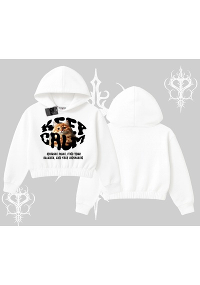 Keep Calm Yazılı Kedi Baskılı Streetwear Kapşonlu Crop Sweatshirt Beyaz