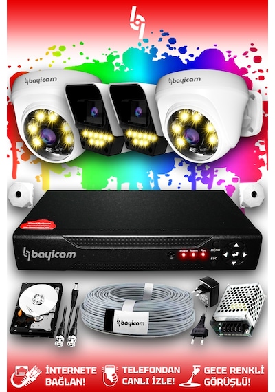 Bayicam 4 Kameralı Süper 2 İç Kamera Set 320 GB 5 MP 2K Renkli Gece Görüşlü Güvenlik Kamerası Sistemi