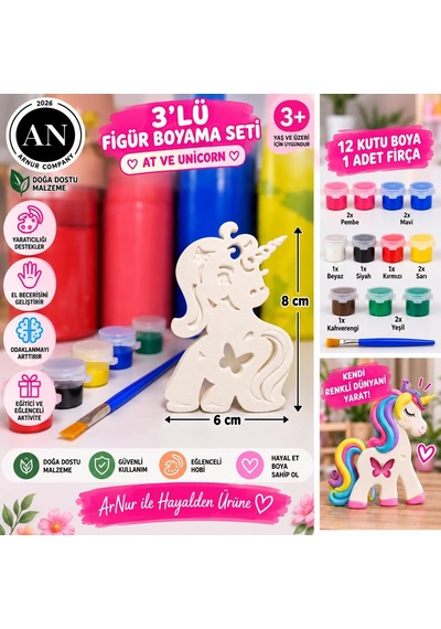 3'lü Unicorn Ve At Taş Boyama Seti