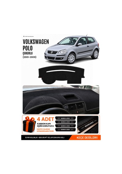 Volkswagen Polo Çukurlu 2001-2009 Uyumlu Torpido Örtüsü, Torpido Kılıfı - Siyah - Vw019
