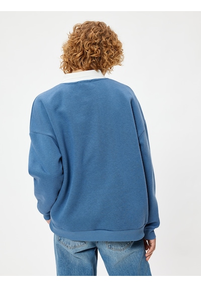 Koton Polo Yaka Sweatshirt Kolej Baskılı Uzun Kollu Mavi 5wal10205ık Mavi