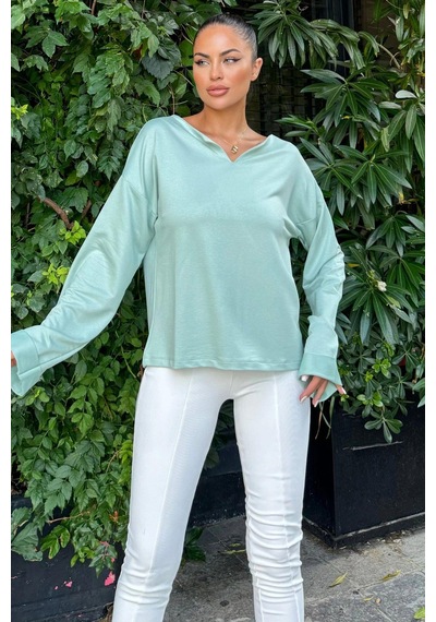 WeShaya Mint Katlama Kollu Pamuklu Bluz Mint
