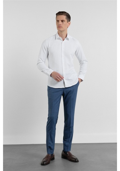 İmza Beyaz Kendinden Desenli Sert Yaka Uzun Kol Cepsiz Slim Fit Pamuklu Gömlek 1004255283