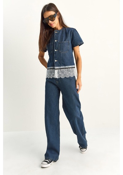 Kadın Dantel Detaylı Kısa Kollu Ceket Wide Leg Denim Pantolon Takım 8211 60286152 - Lacivert Kadın Dantel Detaylı Kısa Kollu Ceket Wide Leg Denim Pantolon Takım 8211 60286152 - Lacivert