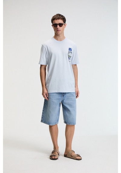 Grımelange SAVOR Erkek Oversize %100 Pamuk Baskılı Yuvarlak Yaka Mavi T-Shirt