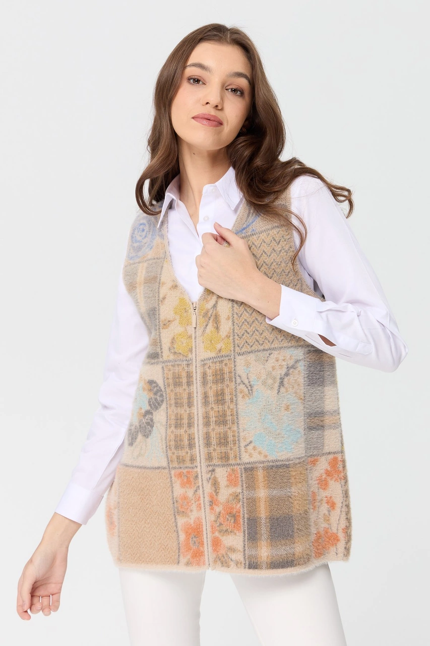 Desen Triko Kadın V Yaka Patchwork Yelek Bej Bej