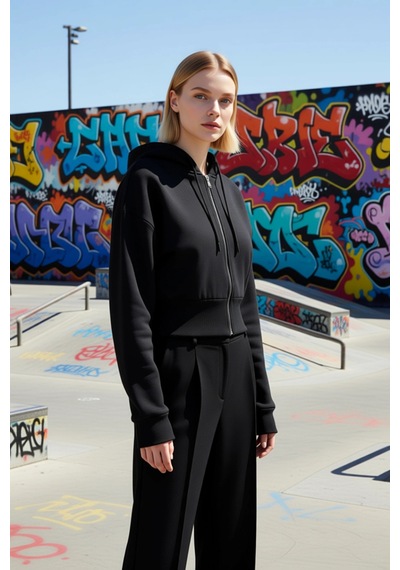 Benerly Kadın Kapüşonlu Fermuarlı Uzun Kollu Örme Sweatshirt Fonksiyonel siyah