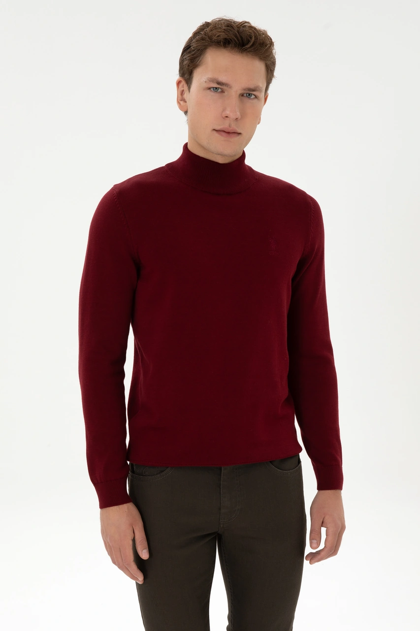 U.S. Polo Assn. Erkek Slim Fit Yarım Boğazlı Bordo Basic Kazak 50307783-VR014